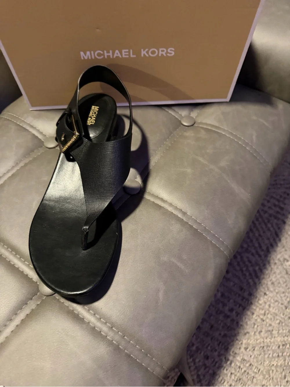 Michael Kors Black Leather Slingback Thong Sandal with Buckle